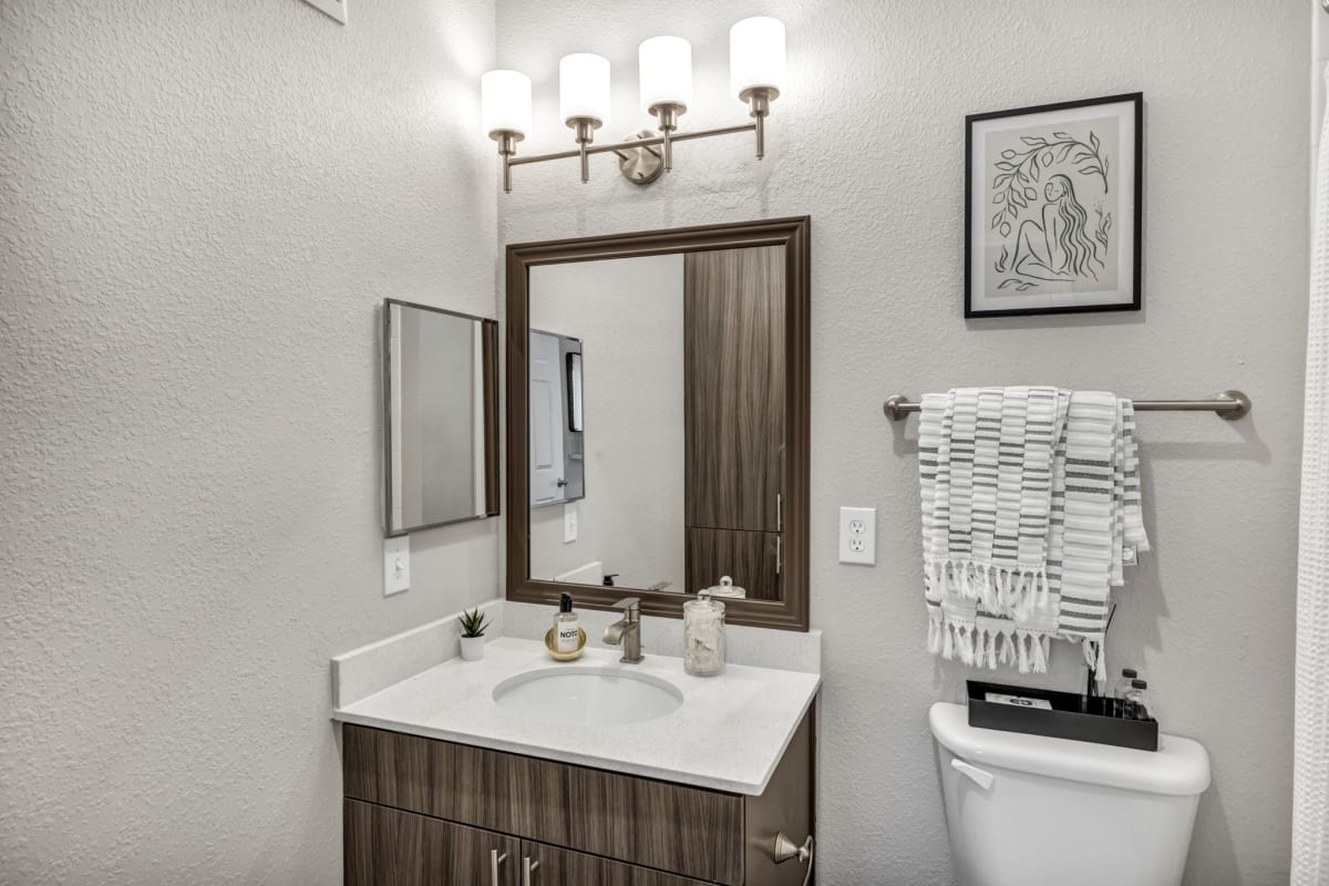 SoCo Apartments apartment bathroom vanity and mirror - Austin, TX
