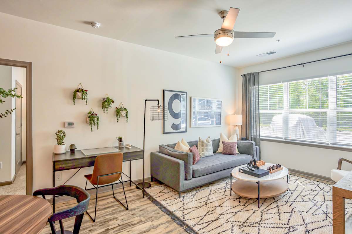 4 Farms at Horse Pen Creek living room with ceiling fan - Greensboro, NC