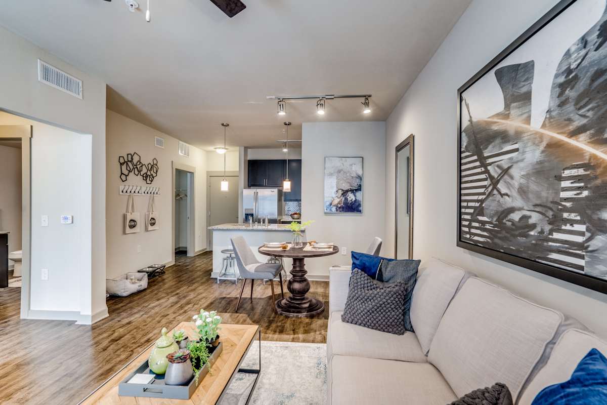 Junction 15 living room with wood-style flooring - Plano, TX