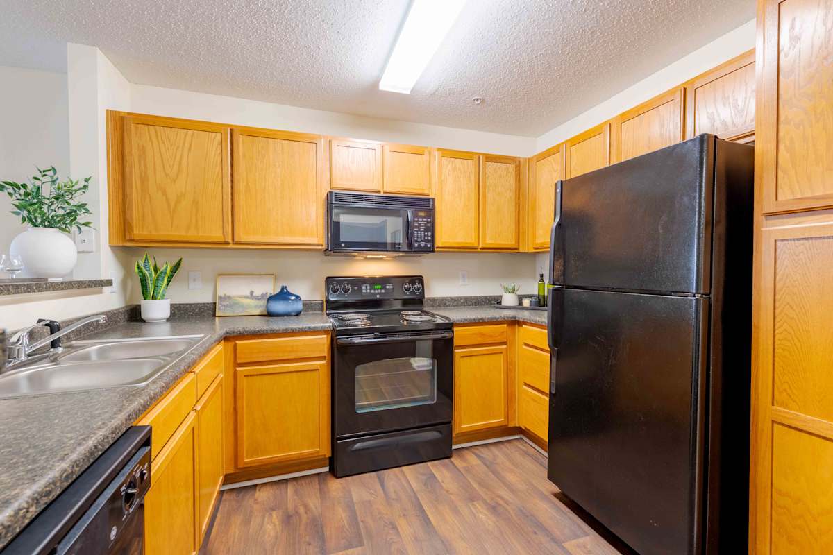 Reserve at Carrington Place apartment kitchen with black appliances - Fayetteville, NC