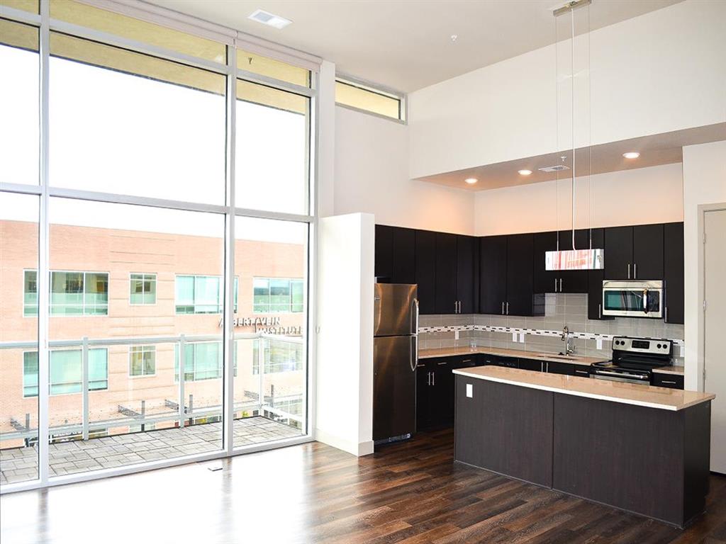 Lofts at Lincoln Station kitchen with black cabinets and large window - Lone Tree, CO