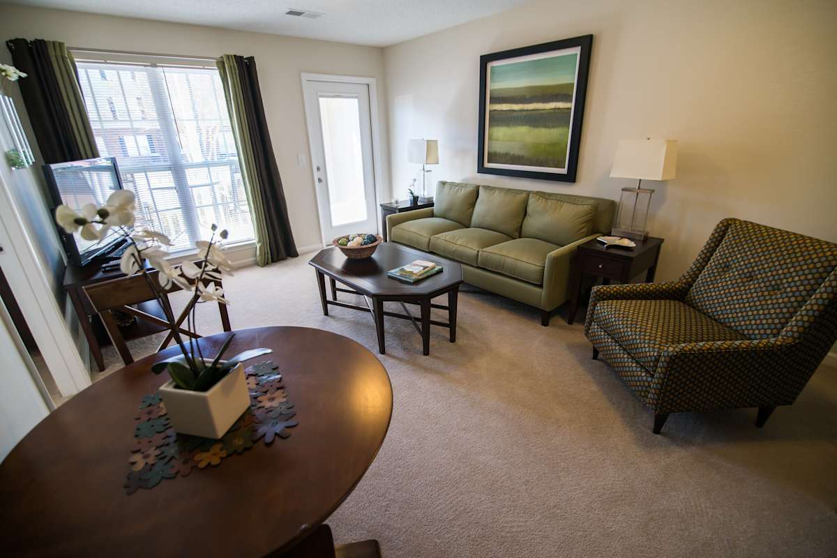 Legacy at Twin Oaks apartment living area with sofa - Greensboro, NC