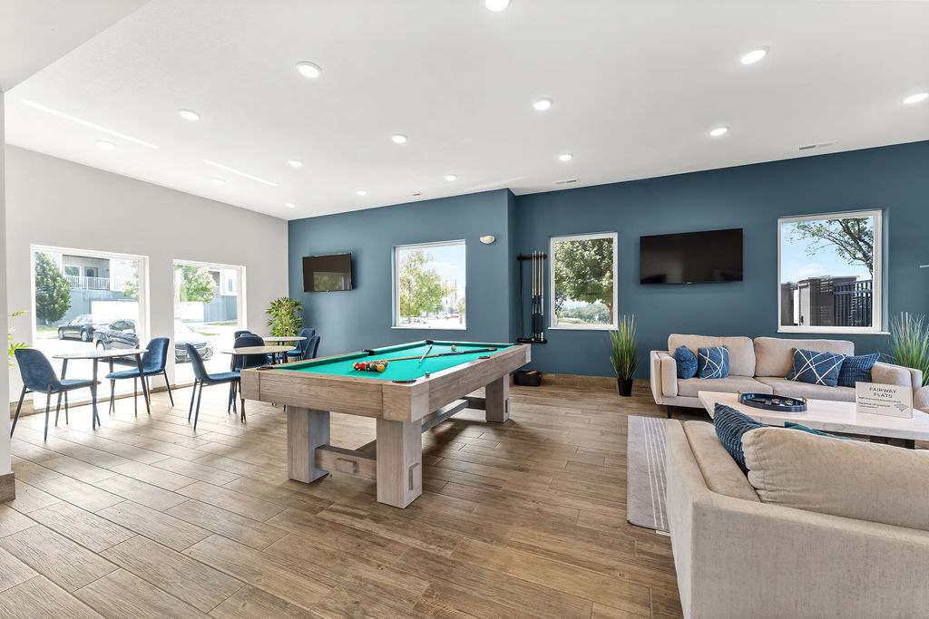 Fairway Flats & The Heights at Fairway Flats clubhouse lounge with pool table - Lawrence, KS