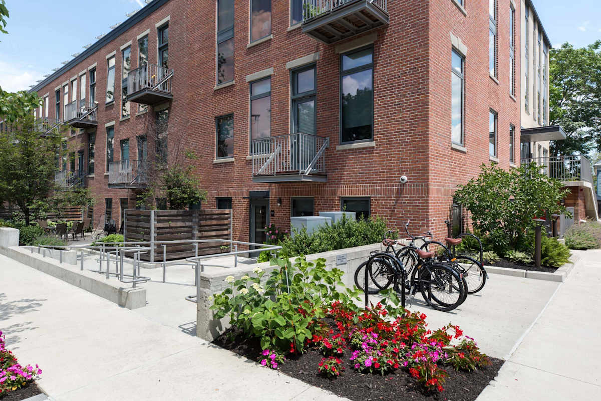 The Wyeth apartment facade and bike parking - Cambridge, MA