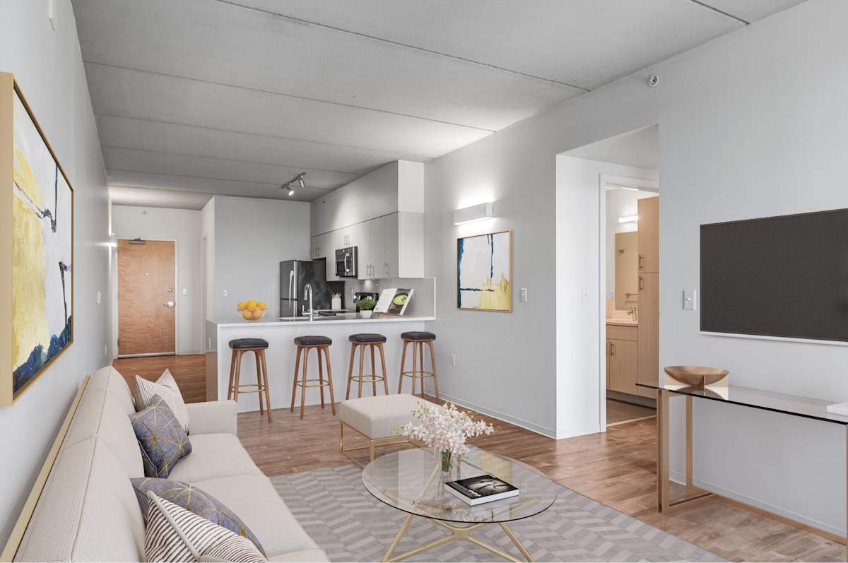 Vue32 apartment living room connected to kitchen - Philadelphia, PA