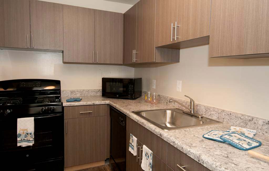 Auden Place kitchen with black stove and cabinetry - Silver Spring, MD