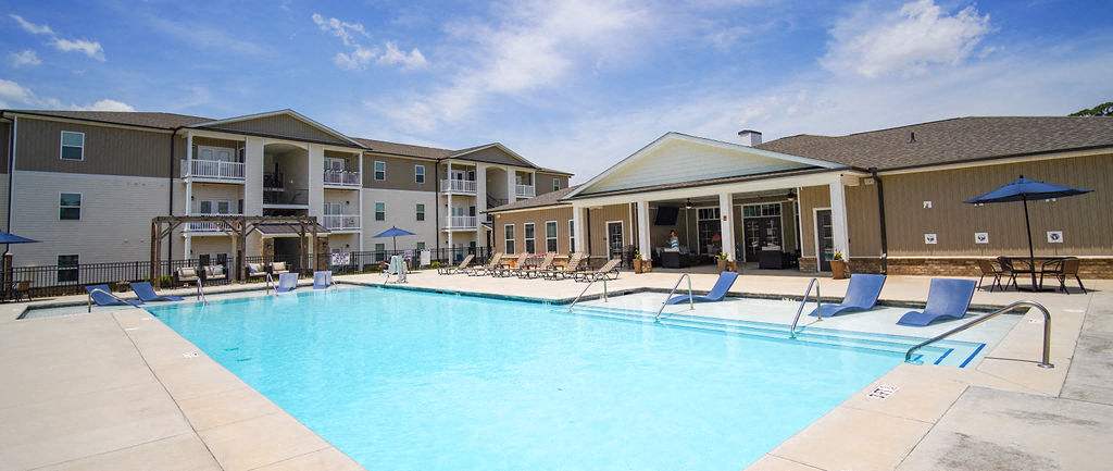 Peachtree Village pool deck with lounge chairs - Boiling Springs, SC