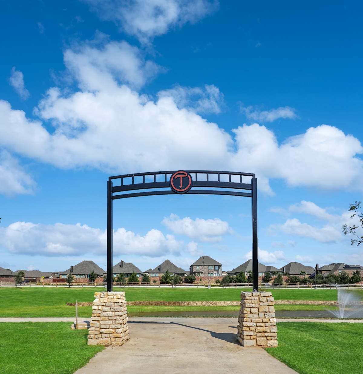 Trailhead at Chisholm Trail Ranch pond and walking trail - Fort Worth, TX