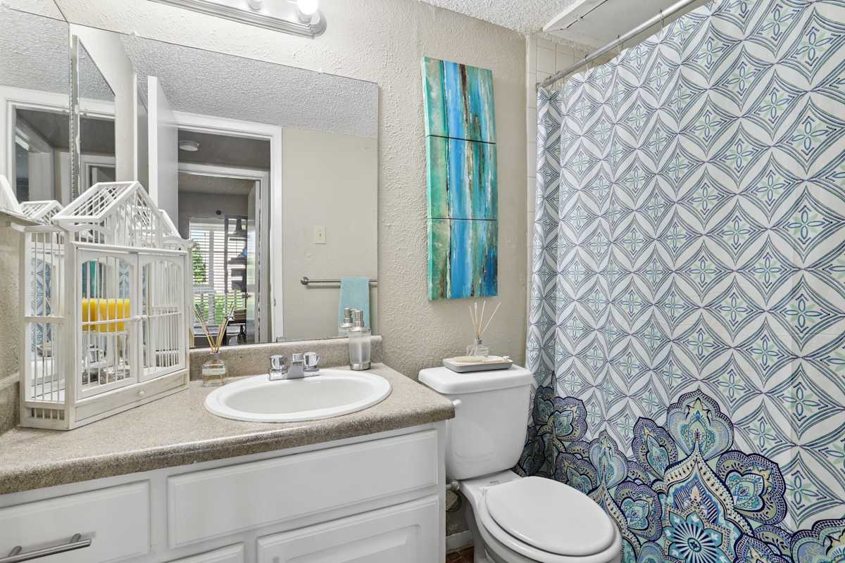 The Venue at Greenville unit bathroom with vanity and toilet - Dallas, TX