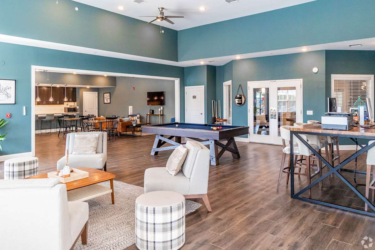 The Pavilion at Raritan clubhouse lounge with pool table and bar - Flemington, NJ