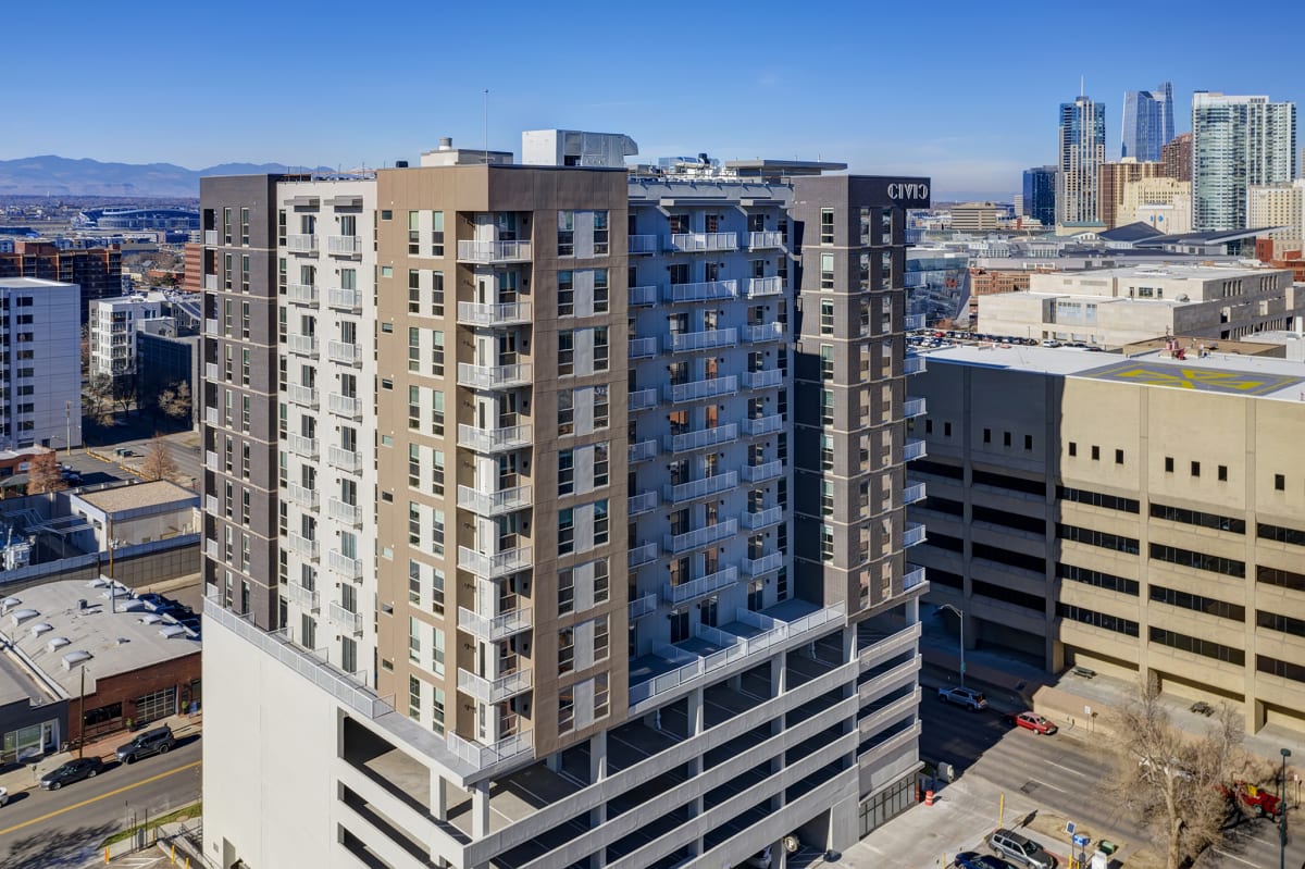 Civic Lofts exterior with parking structure - Denver, CO