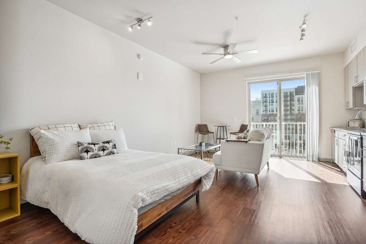 Civic Lofts bright studio apartment living area - Denver, CO