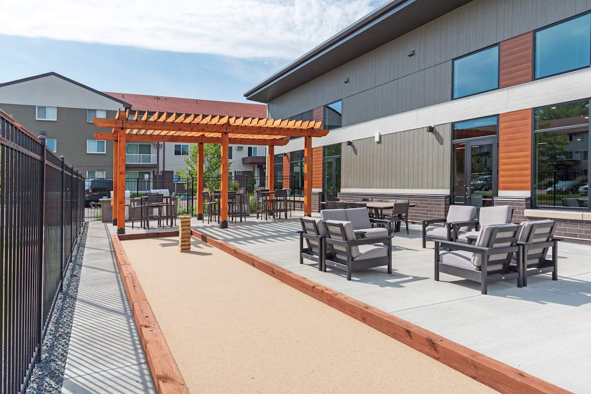 Connelly On Eleven patio with pergola and seating - Burnsville, MN