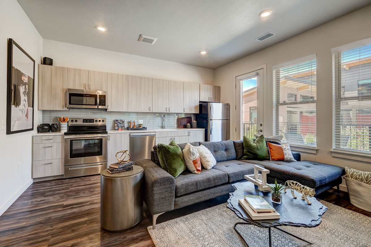 Railway Flats Apartments kitchen with patio or balcony access - Loveland, CO