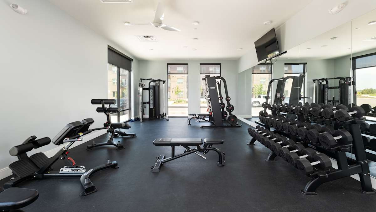 Railway Flats Apartments spacious gym with treadmills and weights - Loveland, CO