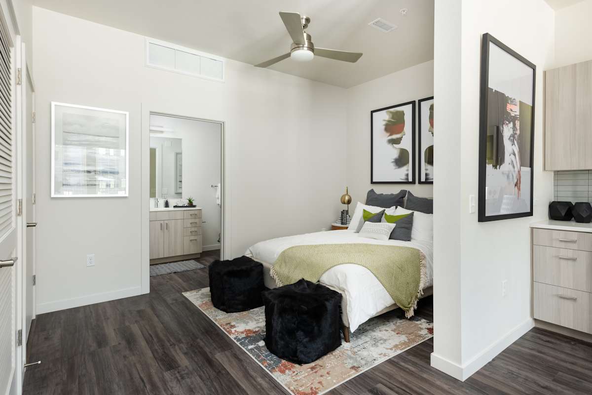 Railway Flats Apartments bedroom with ceiling fan - Loveland, CO
