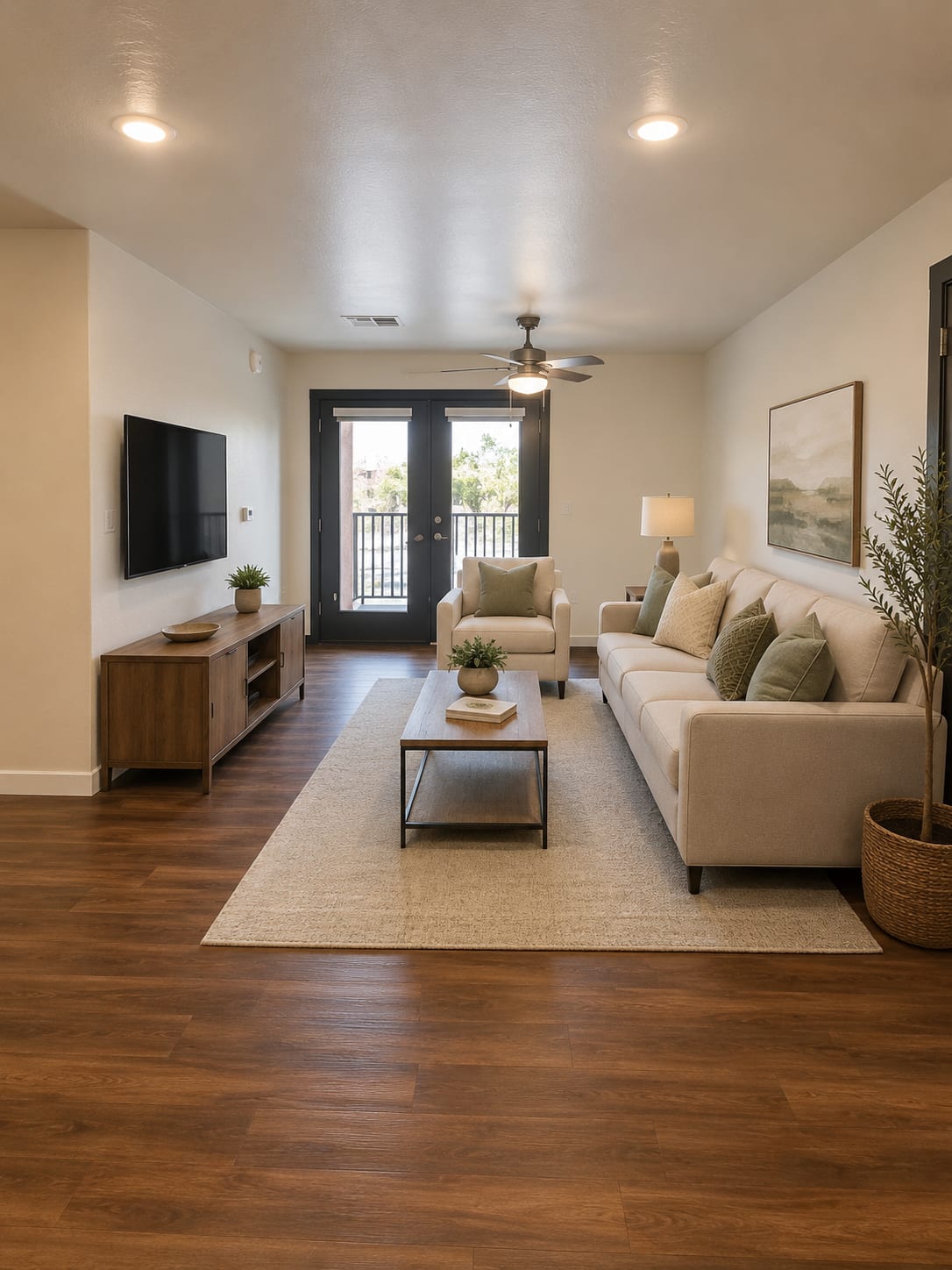 Furnished apartment living area shown — representative home at Rehoboth Place II.
