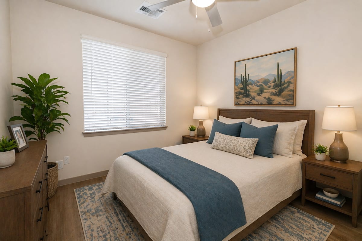 Furnished bedroom shown — representative home at The Glendale Senior Apartments.