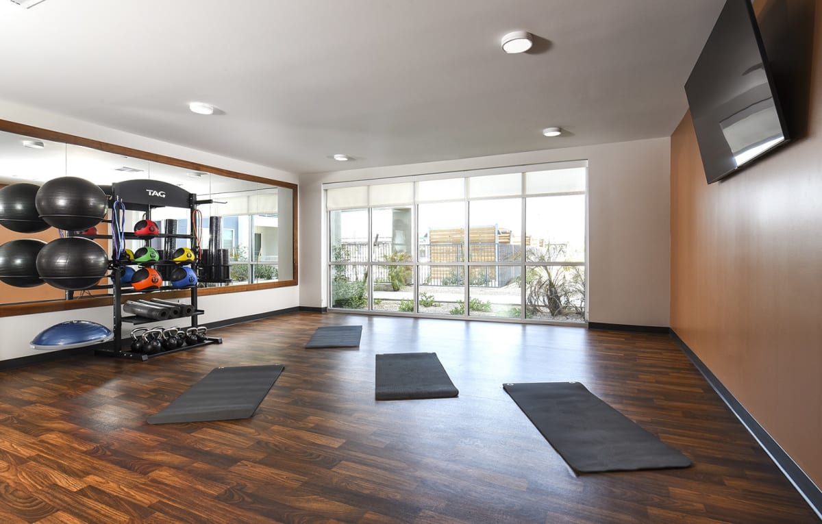 Yoga and exercise space at Casa Azure 55+ Apartments.