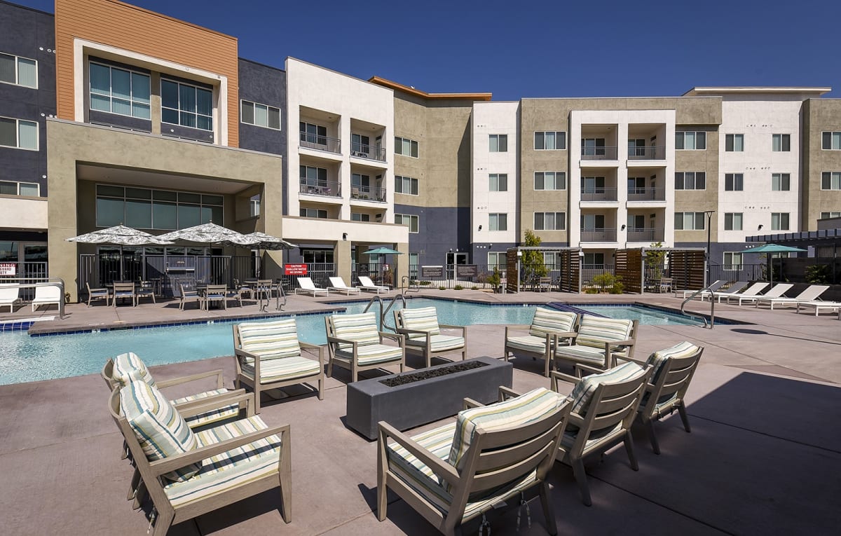 Pool and poolside area at Casa Azure 55+ Apartments.
