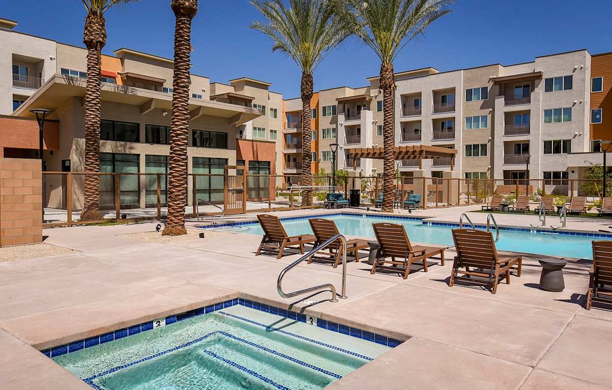 Suncrest Vista at Canyon Trails 55+ Apartments pool area view - Goodyear, AZ