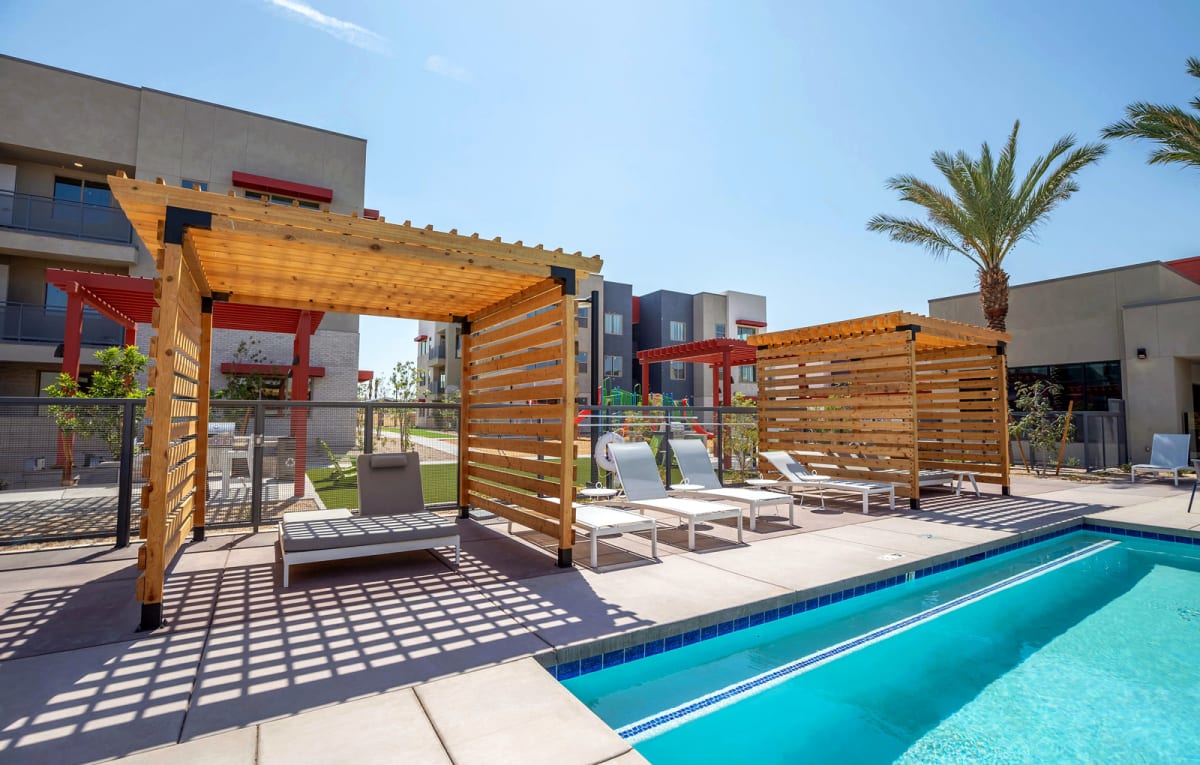Pool and poolside area at Vista Ridge Apartments.