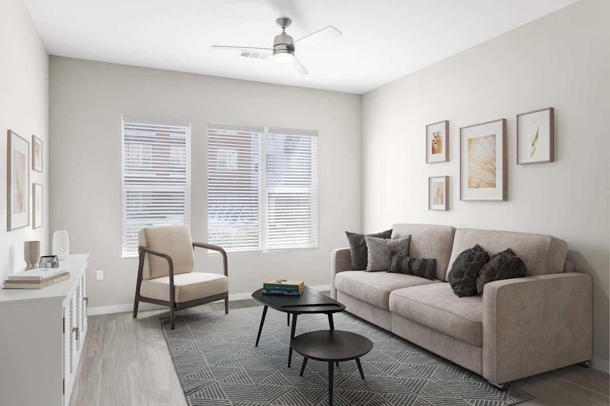 Furnished apartment living area shown at The Tessera.