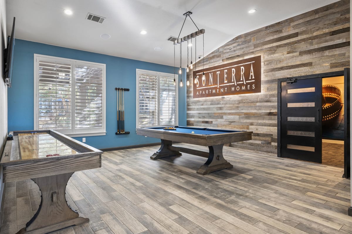 Sonterra Apartment Homes game room with pool table - Austin, TX