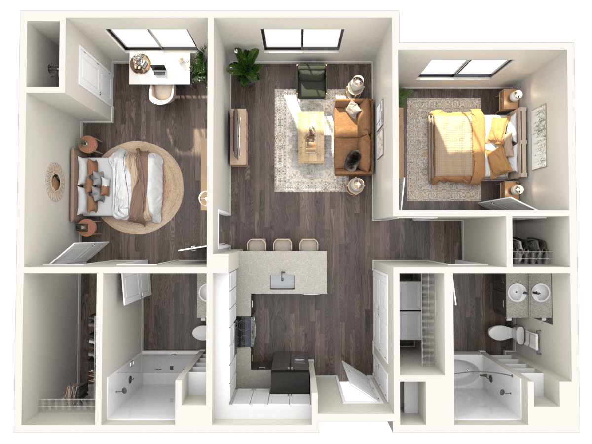 3D apartment layout preview at The Amelia Luxury Apartments.
