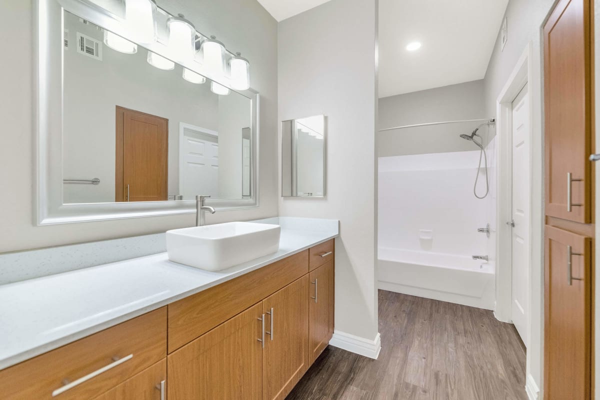 Apartment bathroom — representative home at Townhomes at Biltmore.