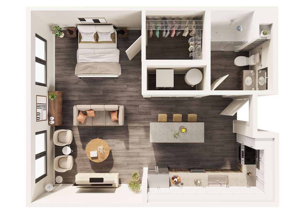 3D apartment layout preview at The Amelia Luxury Apartments.