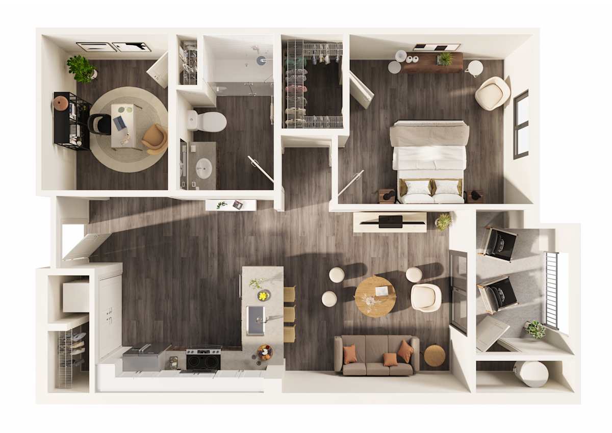 3D apartment layout preview at The Amelia Luxury Apartments.