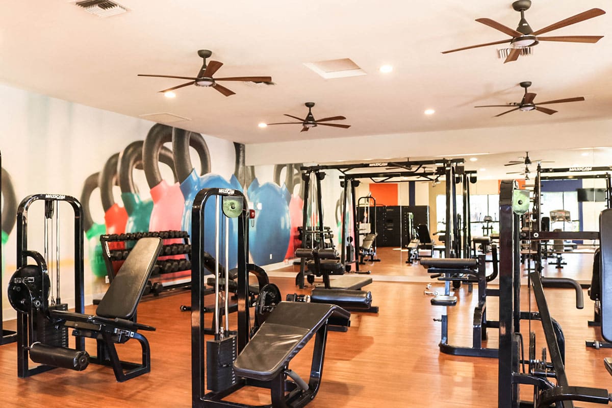 Fitness room at RidgeGate Apartments.