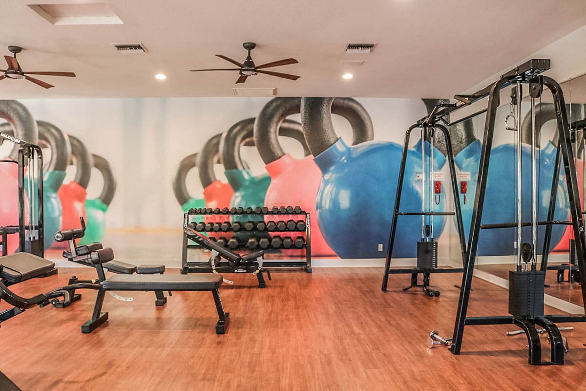 Fitness room at RidgeGate Apartments.