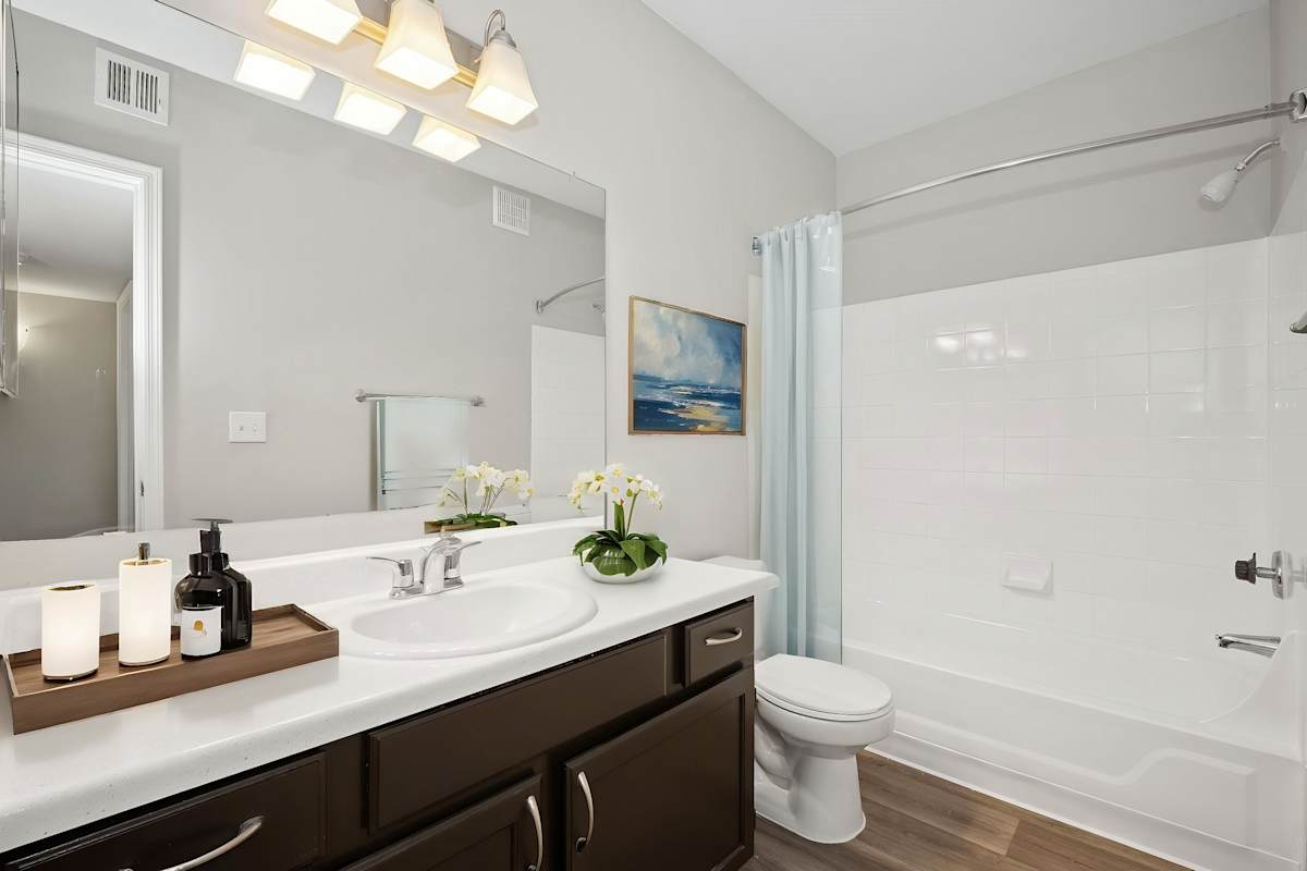 Apartment bathroom — representative home at Sonoran Apartment Homes.
