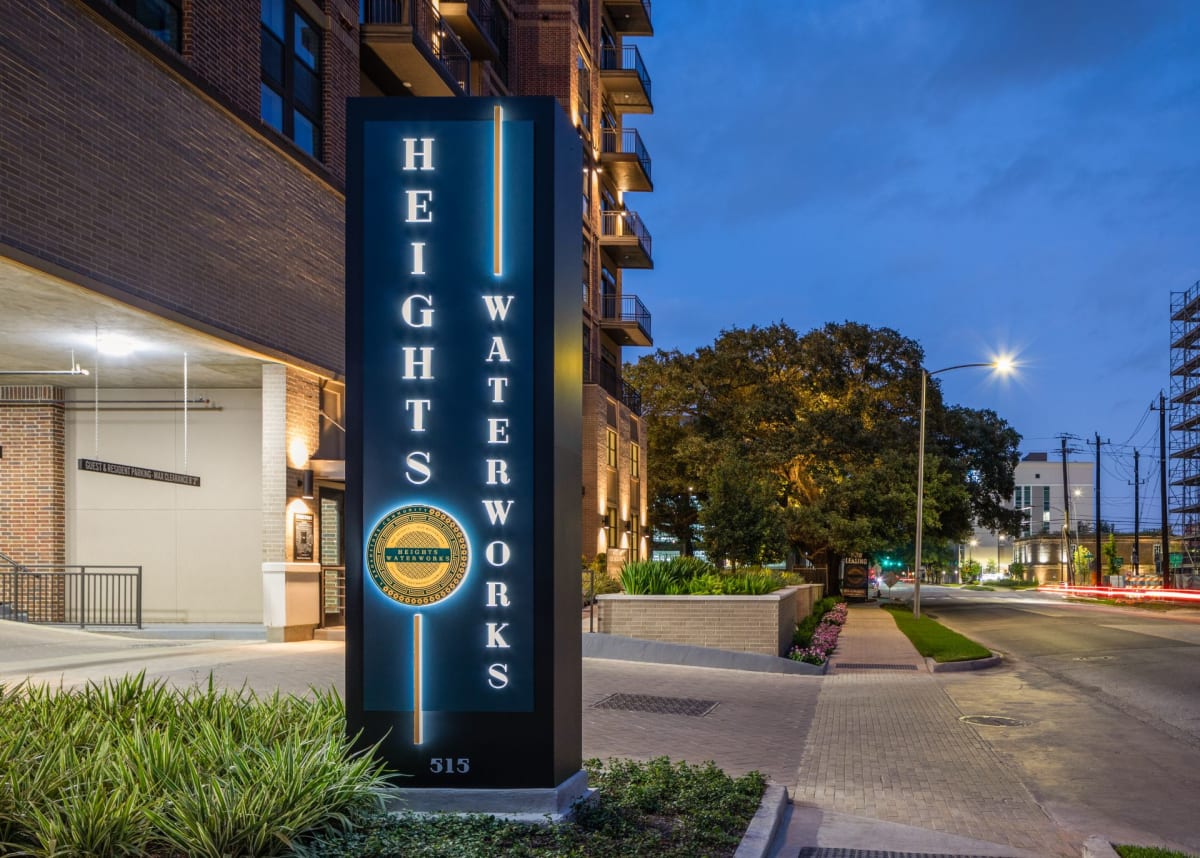 The 10X Heights Waterworks monument sign at the community entrance