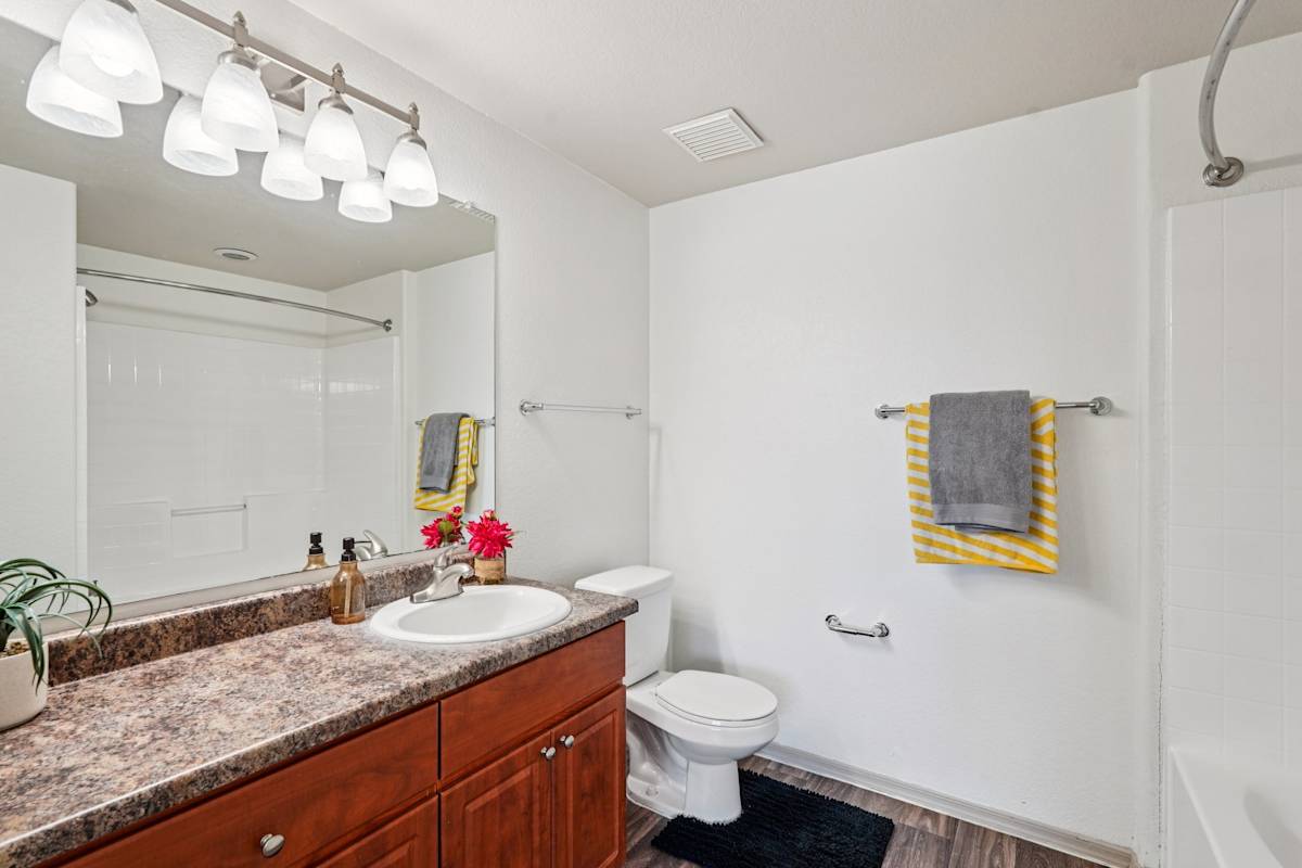 Apartment bathroom — representative home at Del Mar Apartments.
