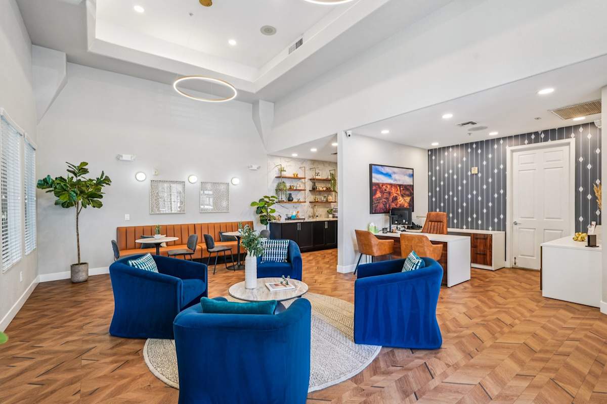 Shared interior space at Del Mar Apartments.
