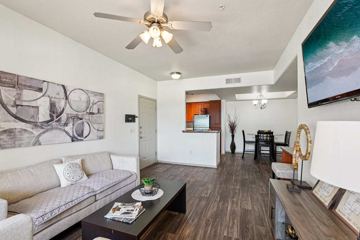 Furnished apartment living area shown — representative home at Del Mar Apartments.