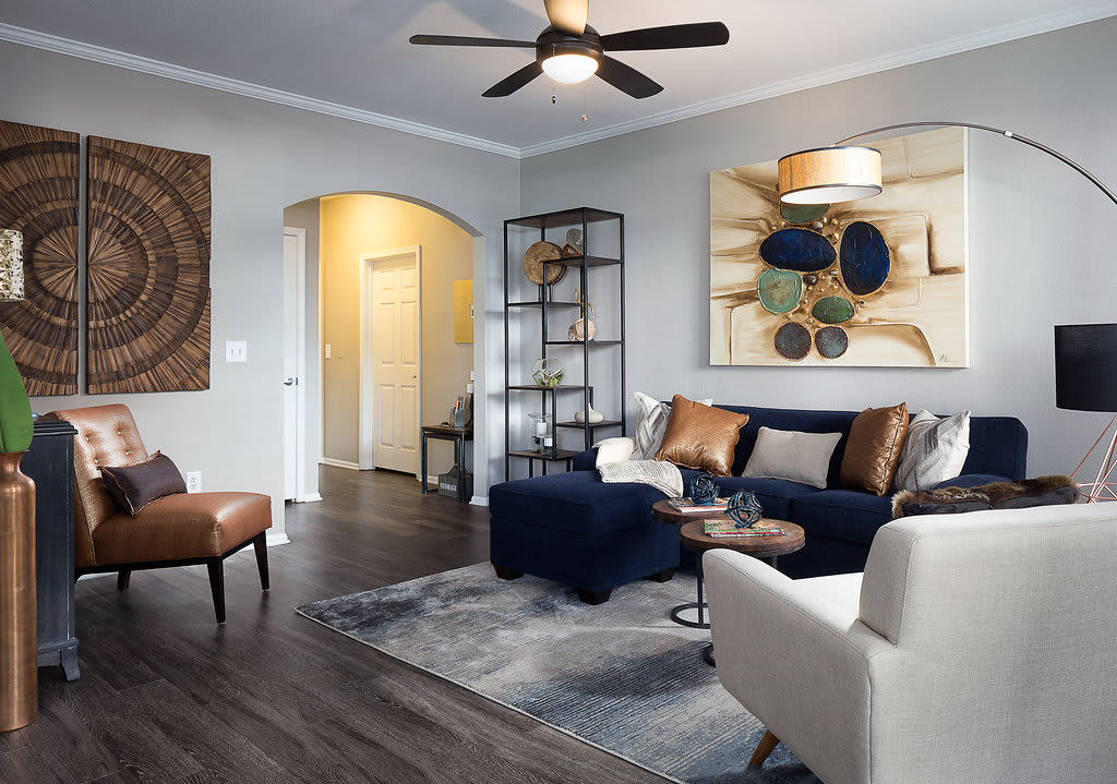 City Place at Westport apartment living room with hardwood-style floors - Kansas City, MO