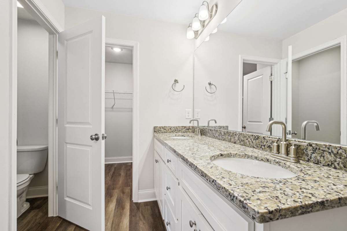 Overlook at Palisades Homes primary bathroom with double vanity and walk-in shower - Dallas, GA