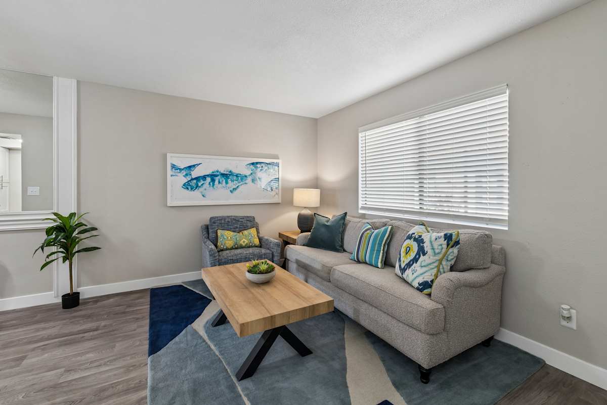 Furnished apartment living area shown — representative home at Raystone.