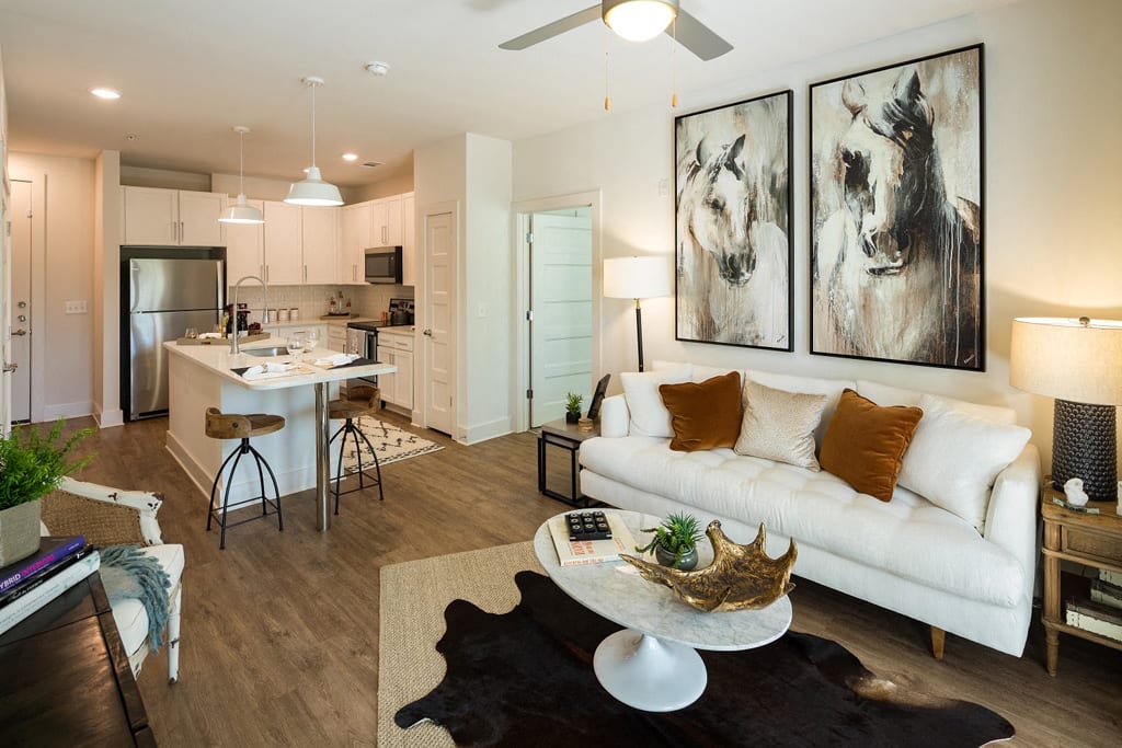 Echo at North Point Center apartment living room - Alpharetta, GA