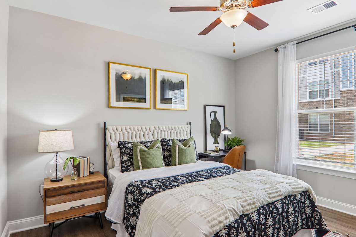 The One at Spartanburg model bedroom with ceiling fan - Spartanburg, SC