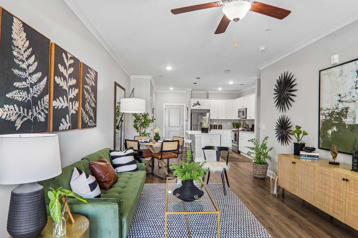 The One at Spartanburg model living room and kitchen - Spartanburg, SC