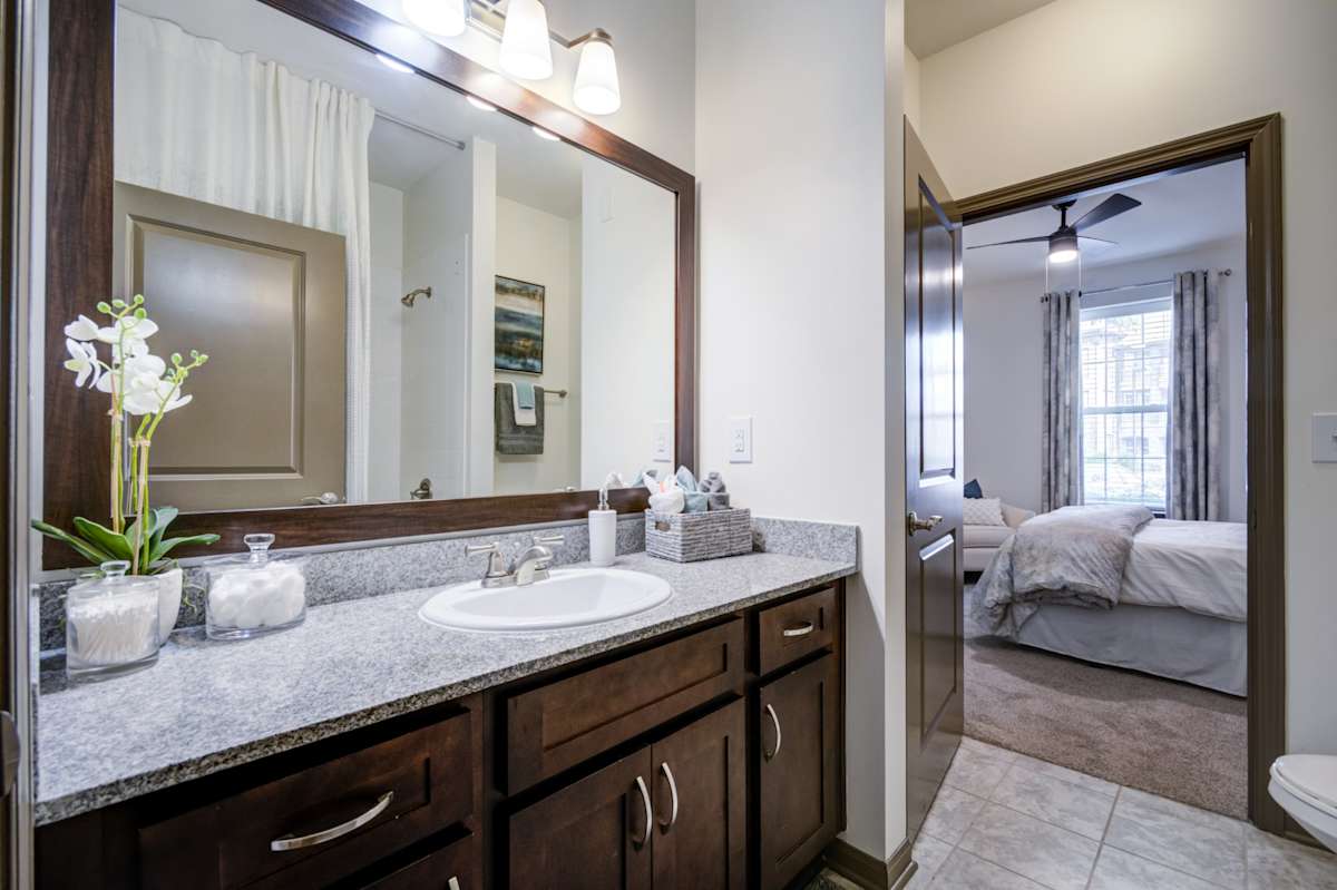The Ridge at Chenal Valley Apartments bathroom vanity and mirror - Little Rock, AR