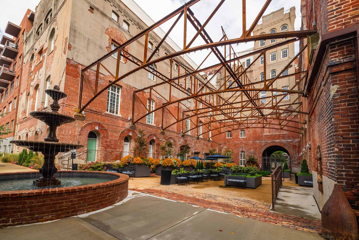 The Tennessee Brewery Apartments courtyard with fountain - Memphis, TN