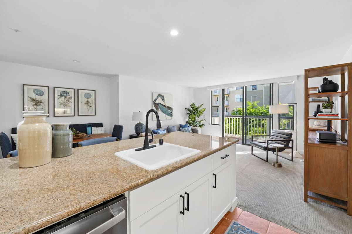 Marlin Cove Apartments bright living room and kitchen - Foster City, CA