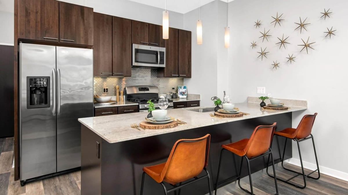 Parc Huron apartment kitchen with stainless steel appliances - Chicago, IL