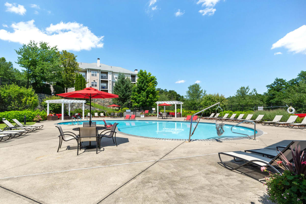 The Ridge pool deck seating area - Waltham, MA